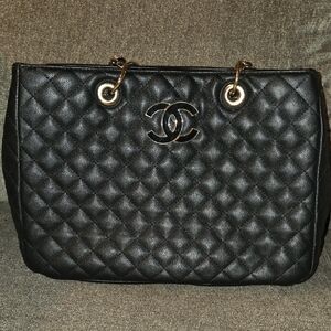 Black Quilted Shoulder Bag with Gold Accents